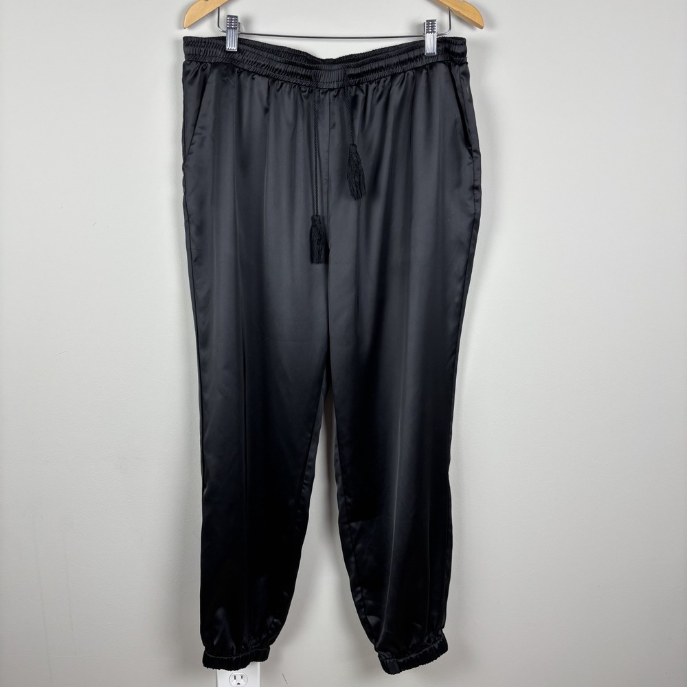 Allegra K Satin Joggers Pants Womens XL Black Drawstring Waist Going Out Casual